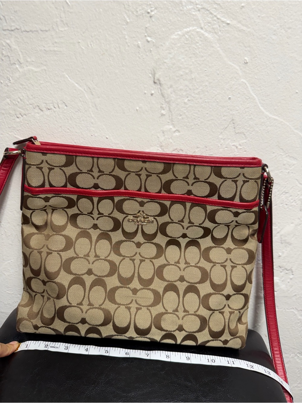 Coach Signature Canvas File Crossbody Bag in Khaki/Classic Red, model F36378 - Picture 9 of 13